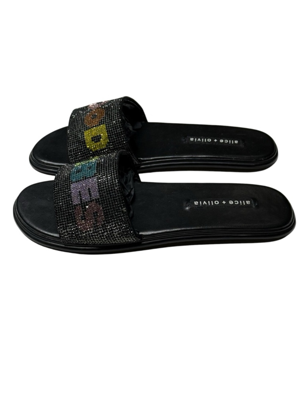 HTF: Alice + Olivia 𖦹 Tatum Good Vibes Slide Crystal Sandals 𖦹 Black 𖦹 7.5M 𖦹 - Picture 6 of 16